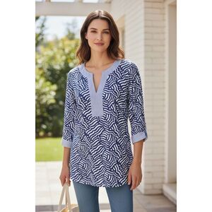 Vineyard Vines XXS Navy White Abstract Print Tunic Top Split Neck 3/4 Sleeve